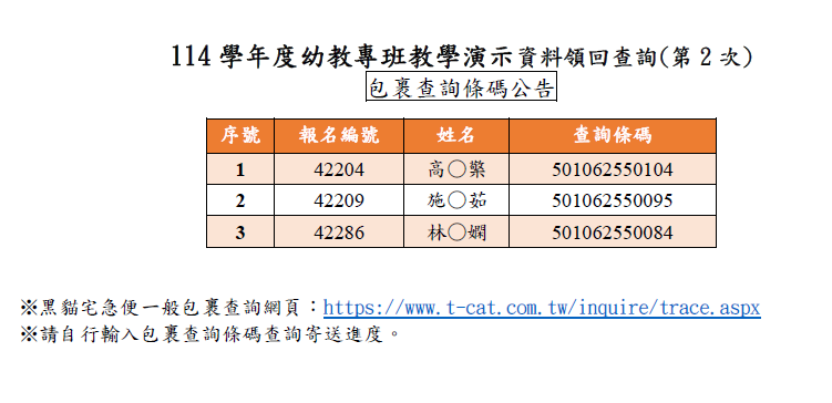 114幼教專班教學演示資料領回(第2次寄送)